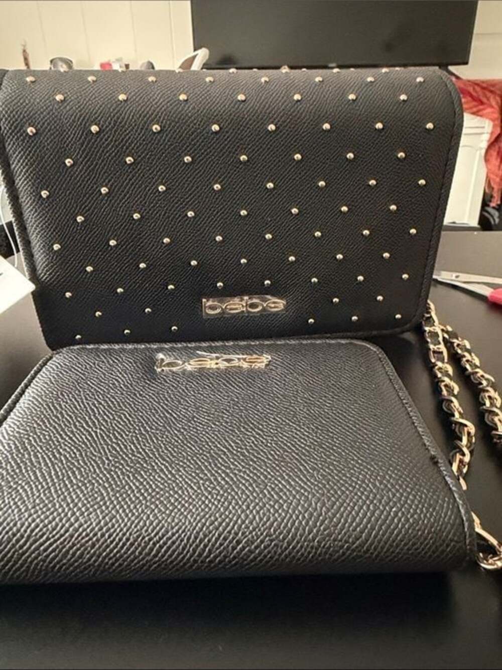 bebe Black Studded Crossbody with Gold Chain - Picture 1 of 6